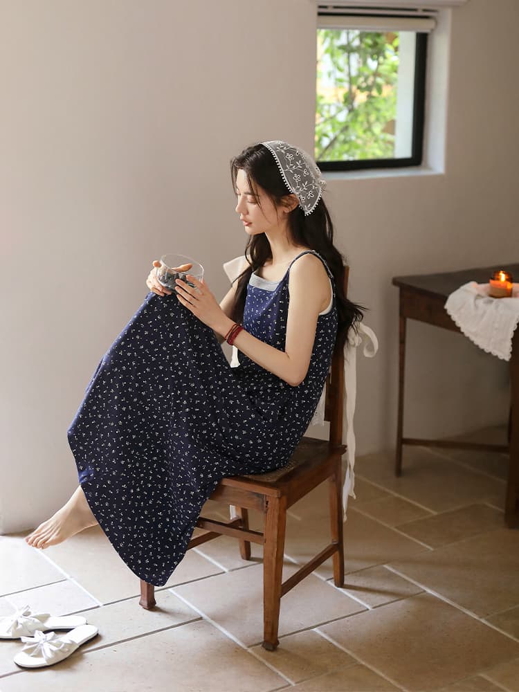 ロングワンピース キャミ 小花柄プリント肩紐調整可能ロングキャミソールワンピース