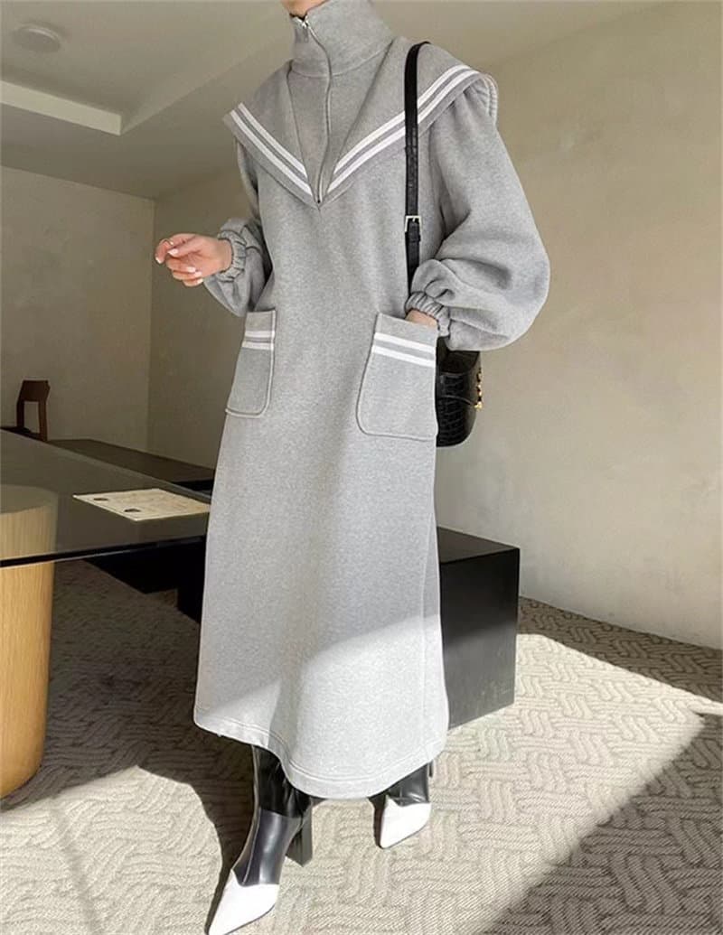 韓国風セーラー襟スウェットロングワンピース