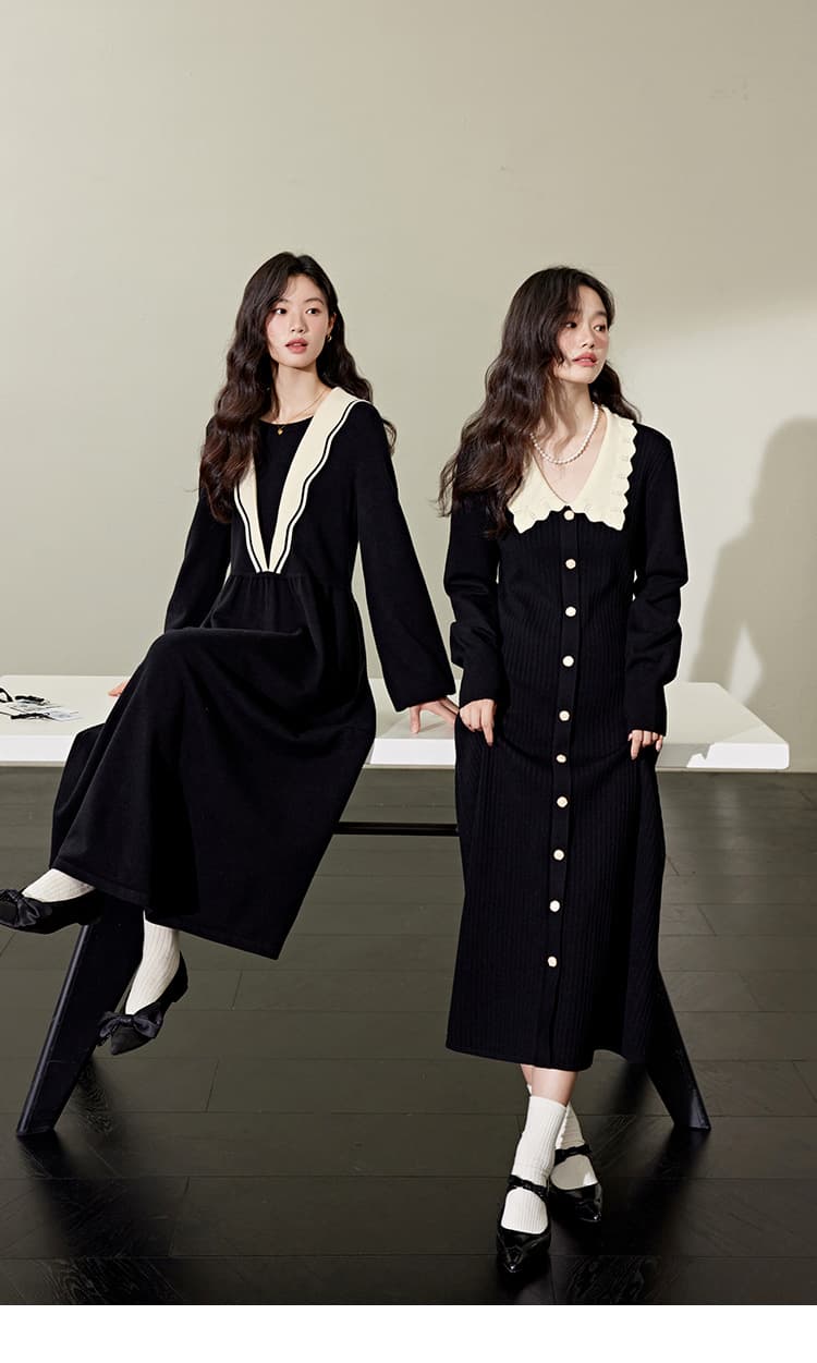 ロングワンピース フリル襟レトロニットワンピース