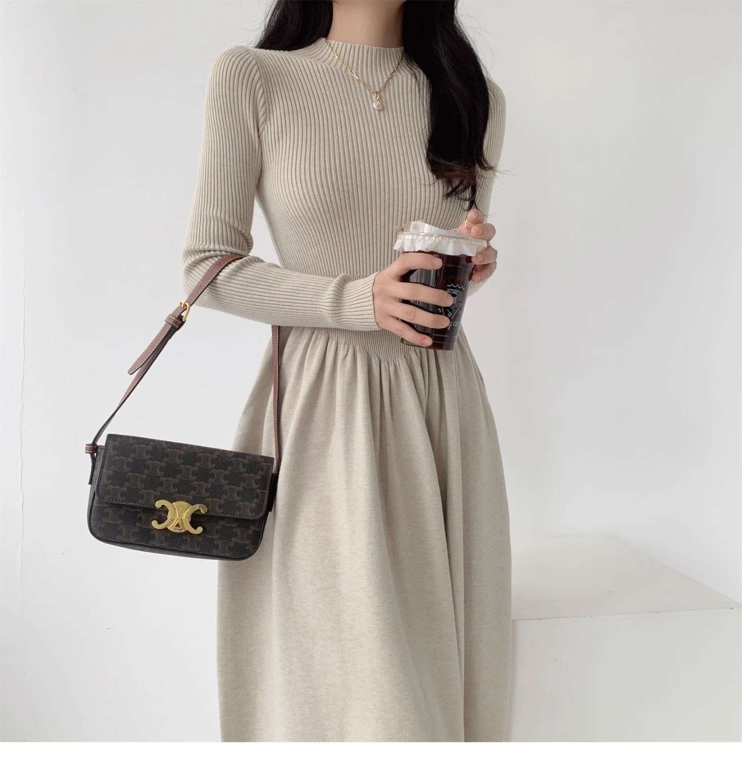 ロングワンピース シンプル上品リブニットロングワンピース