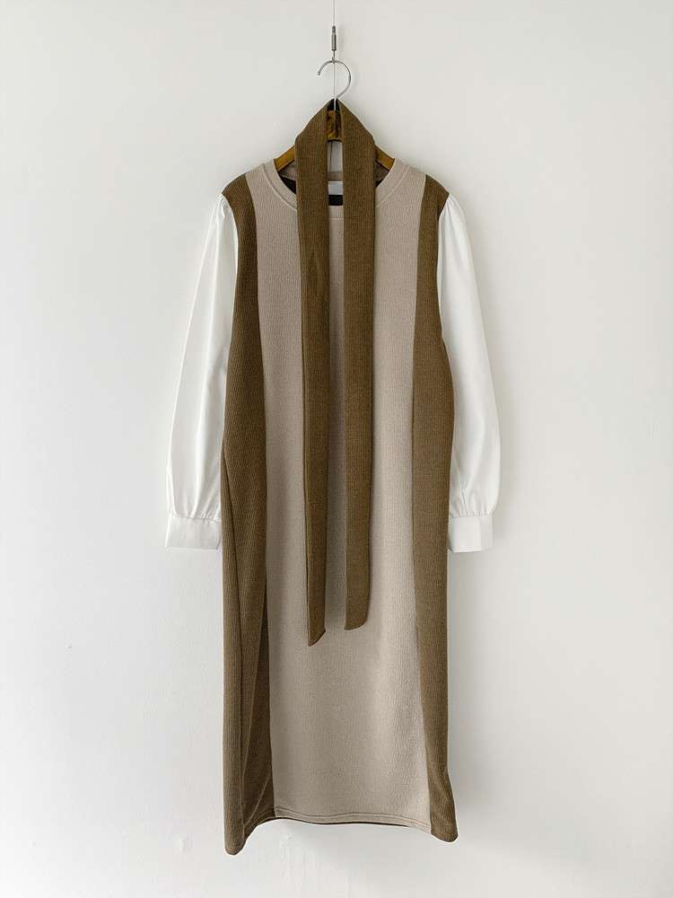 ロングワンピース 上品リボンデザイン スリーブ切替ワンピース