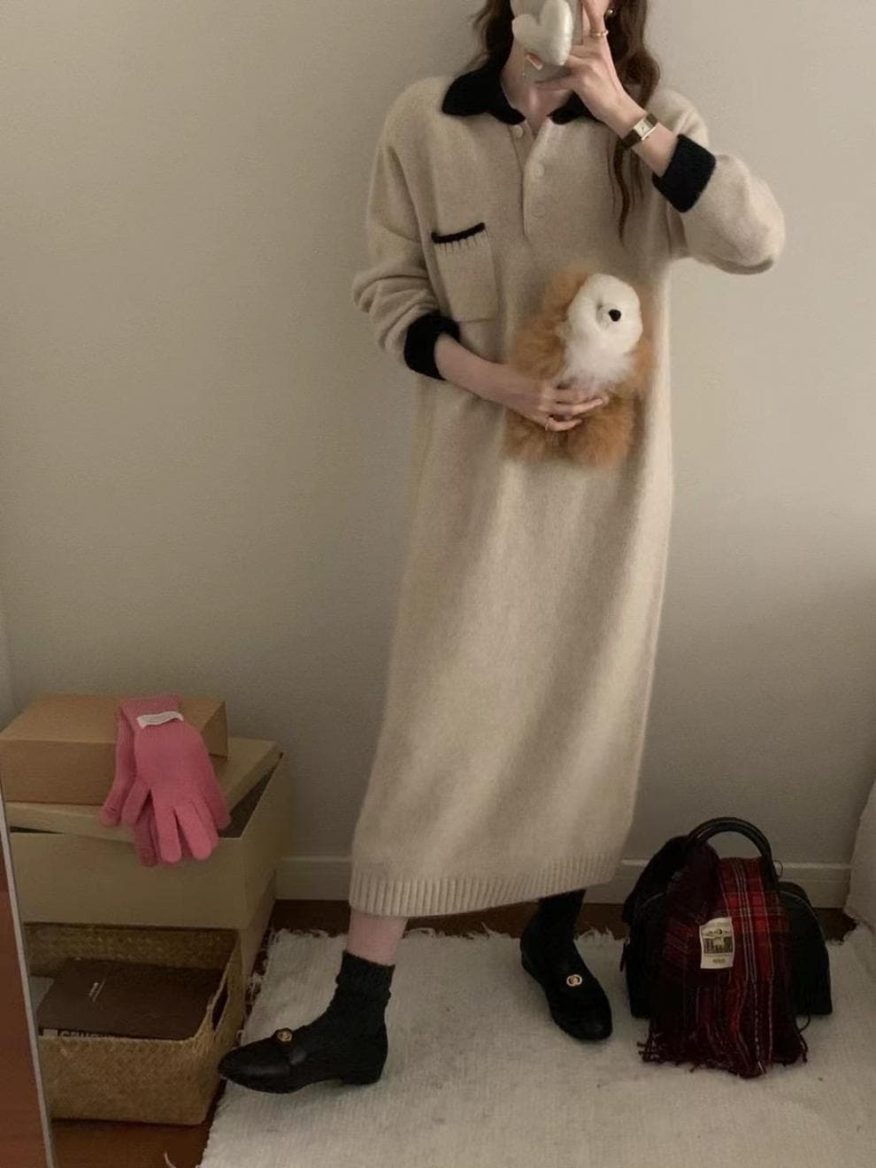 ロングワンピース お上品モールカラーあったかニットワンピース