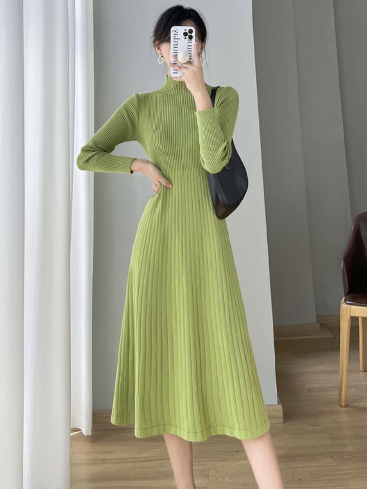 ロングワンピース ニット リブ編み フレアシルエット ロングニットワンピース