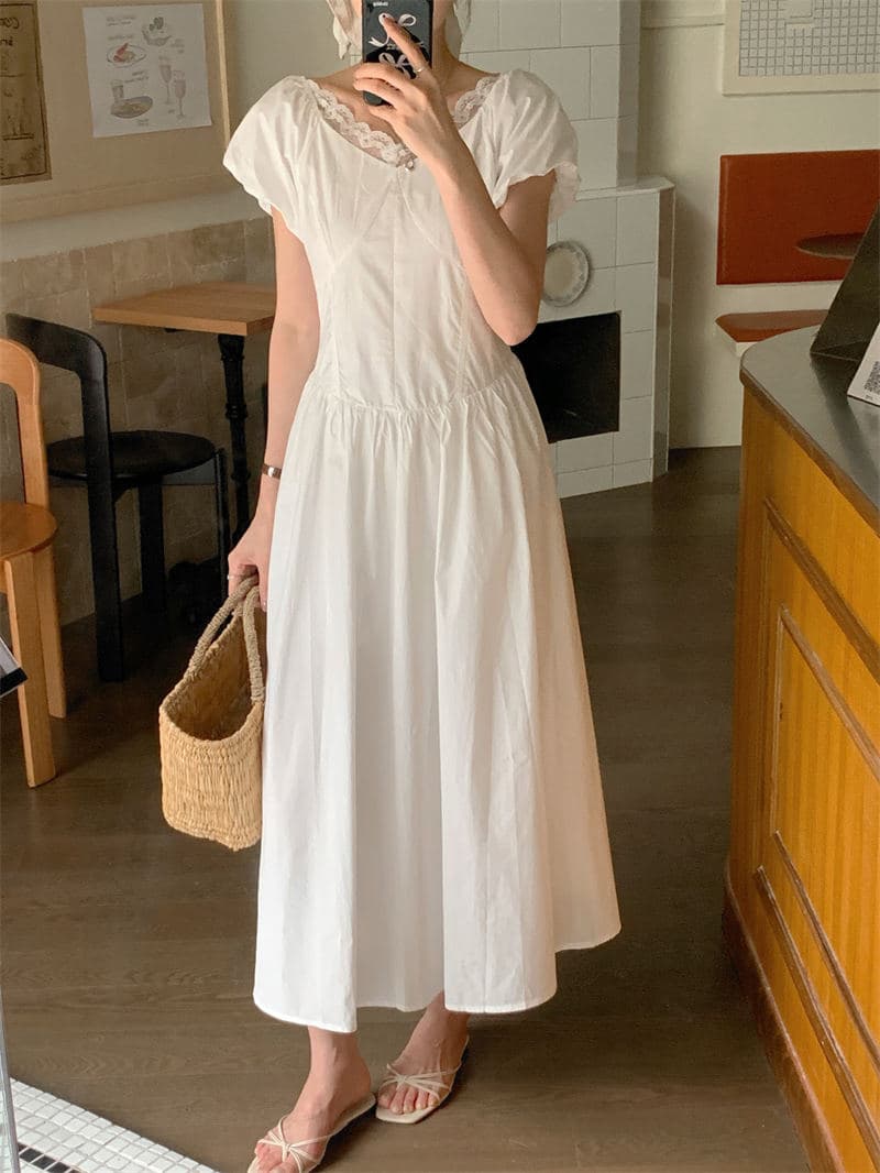 ロングワンピース 春夏新作レース襟シャツワンピース可愛いロング丈