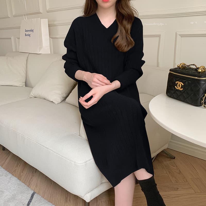 リブニット ロングワンピース 長袖 秋冬 女性用 体型カバー