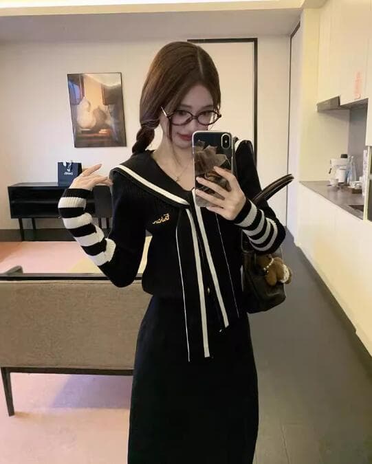 秋冬新作 セーラー風ニット ロングワンピース