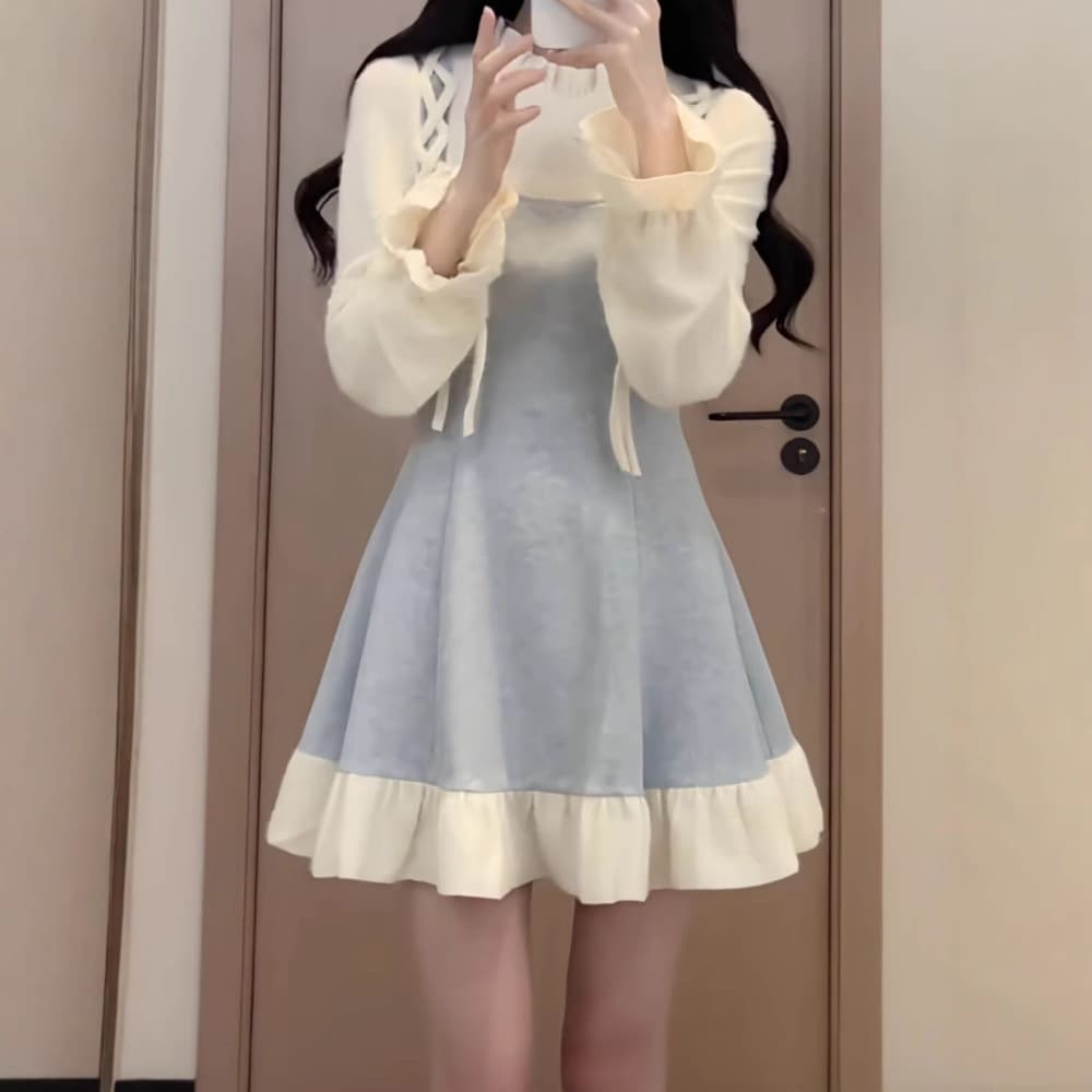 ロングワンピース 姫系リボンレース飾り付きティアードワンピース