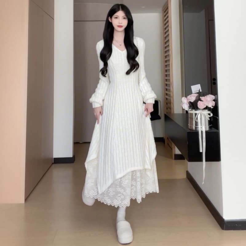 ロングワンピース レース付きプリンセスマキシワンピース