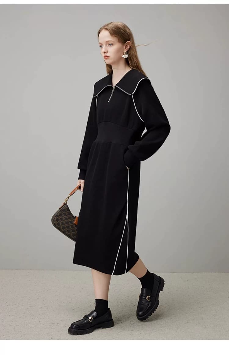 ロングワンピース スウェット ハーフジップ セーラー風ロングワンピース