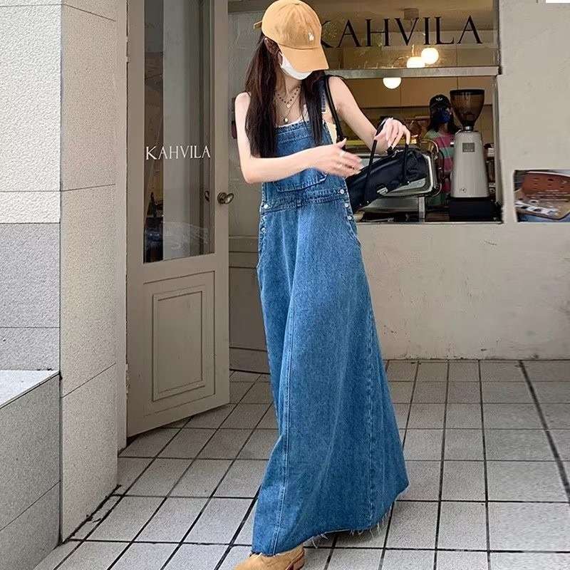 ロングワンピース ゆったりデニムサロペットワンピース