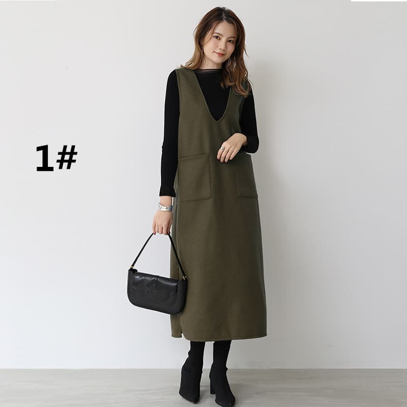 ロングワンピース 秋冬ノースリーブロング丈ワンピース ポケット付きジャンパースカート