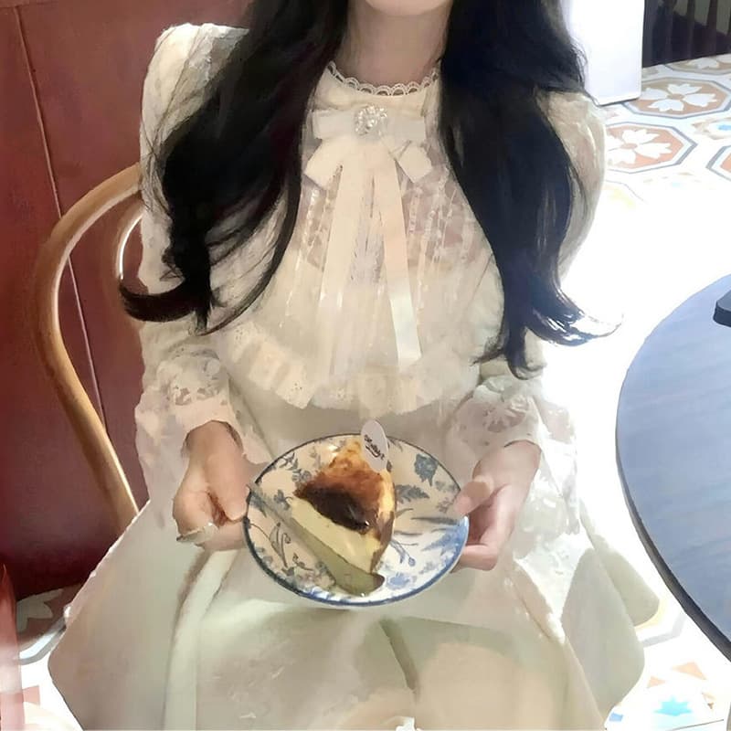 ロングワンピース 優美なレースフリルリボンワンピース