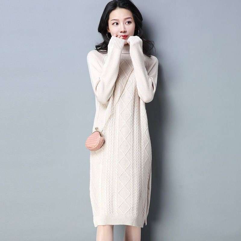 ロングワンピース アラン模様 タートルネック ニットワンピース
