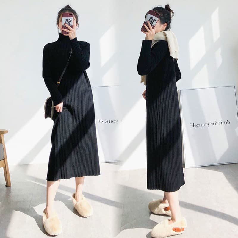 ロングワンピース リブ編みタートルネックロングワンピ