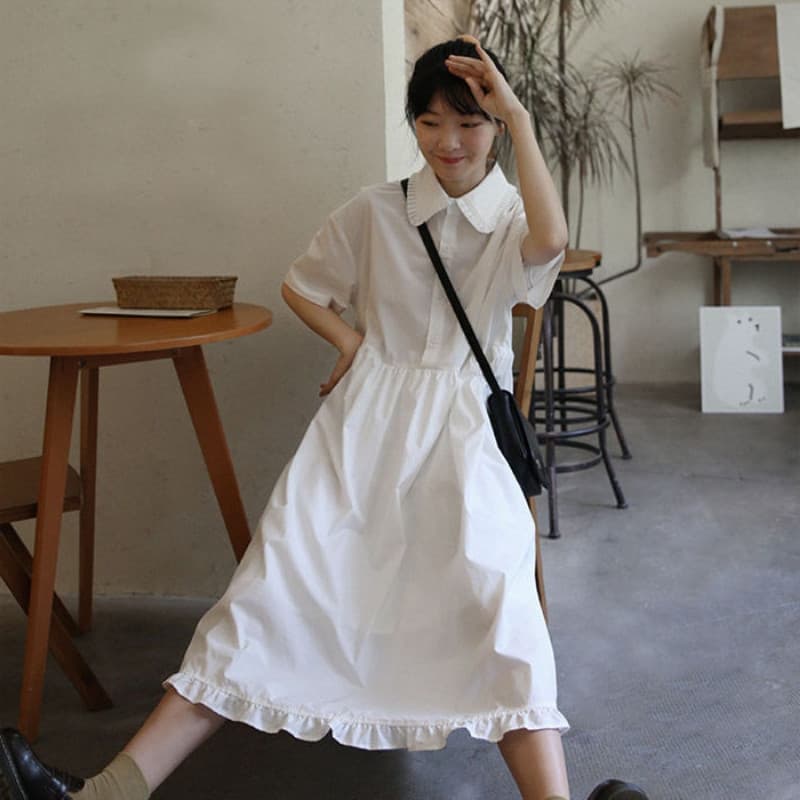 ロングワンピース シャツ 丸襟フリル裾半袖ロングワンピースシャツ