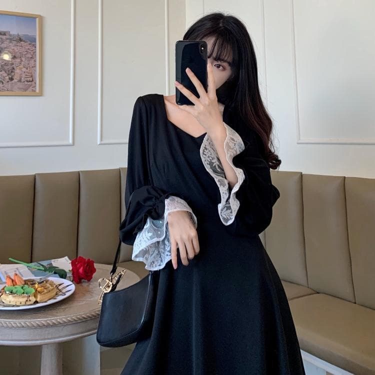 ロングワンピース 背中リボン レース切替 姫袖ワンピース