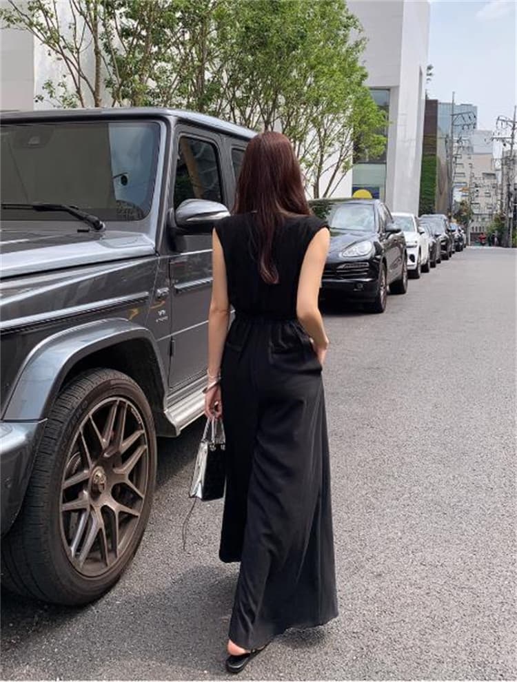 ロングワンピース 夏用ブイネックノースリーブウエスト絞りスリット入りワンピース