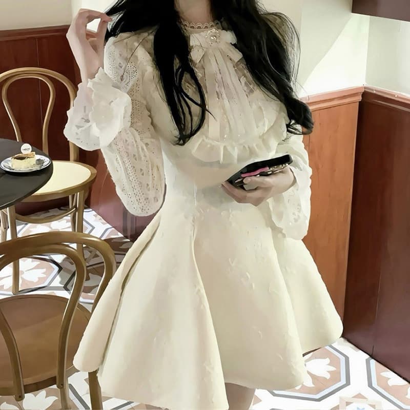 ロングワンピース 優美なレースフリルリボンワンピース