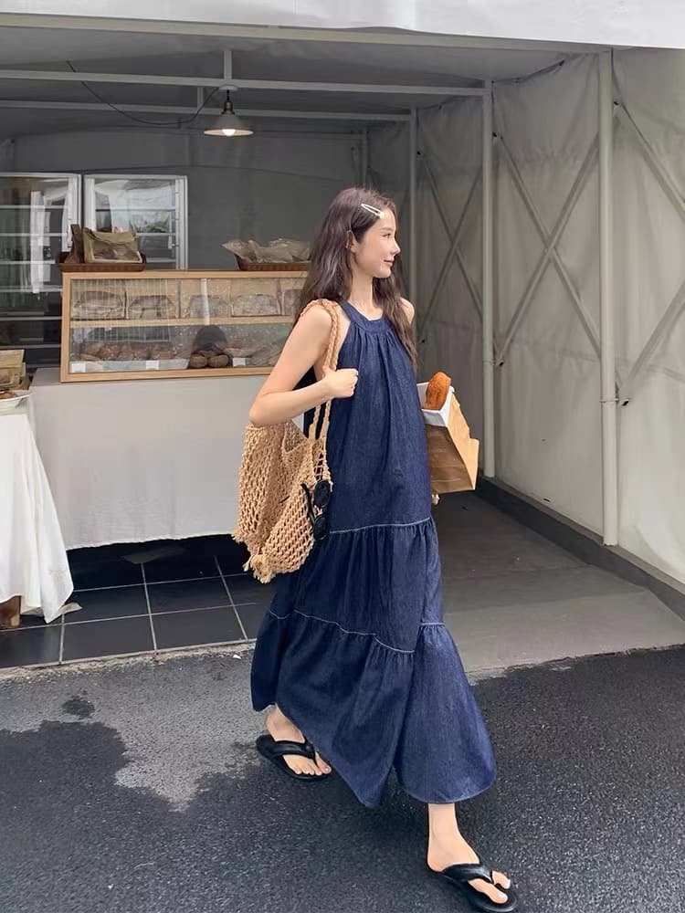 ロングワンピース 重ね着風ティアードロングワンピース