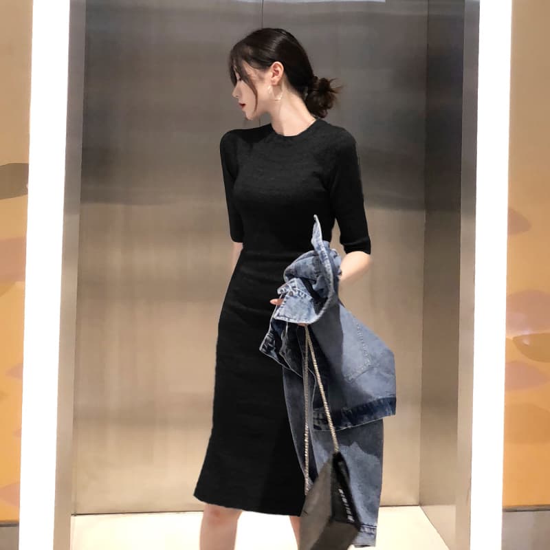 ロングワンピース ニット スリット入りフィット美シルエットワンピース