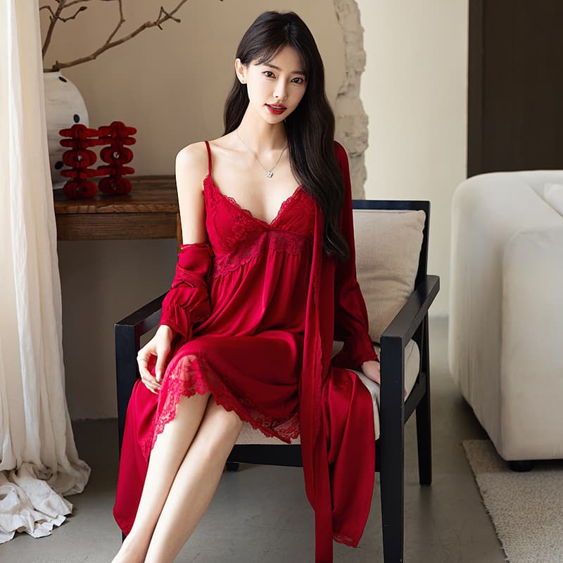 ロングワンピース レース 優美なレース調ロングネグリジェセット