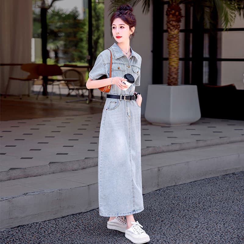 ロングワンピース デニム カジュアル襟付きロングデニムワンピース