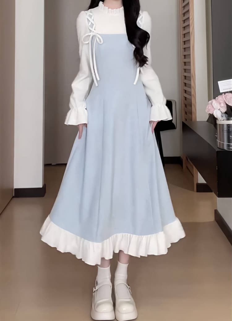 ロングワンピース 姫系リボンレース飾り付きティアードワンピース