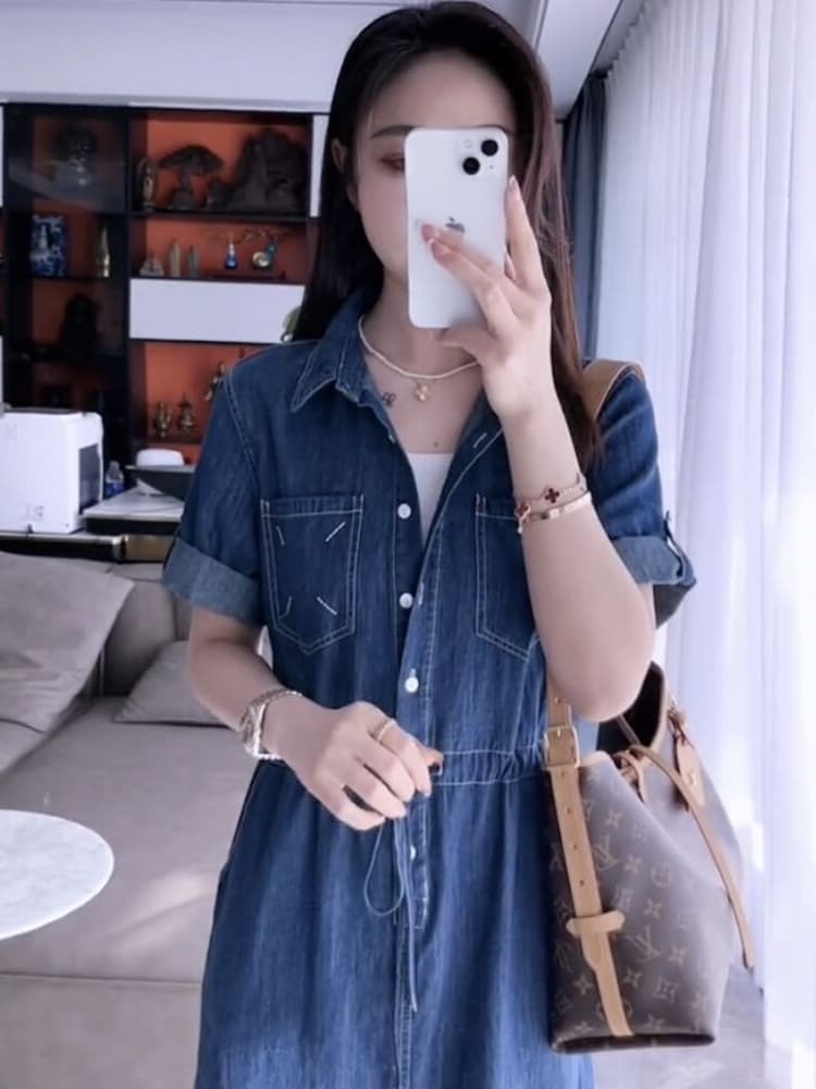 ロングワンピース デニム カジュアル前開きデニムワンピース