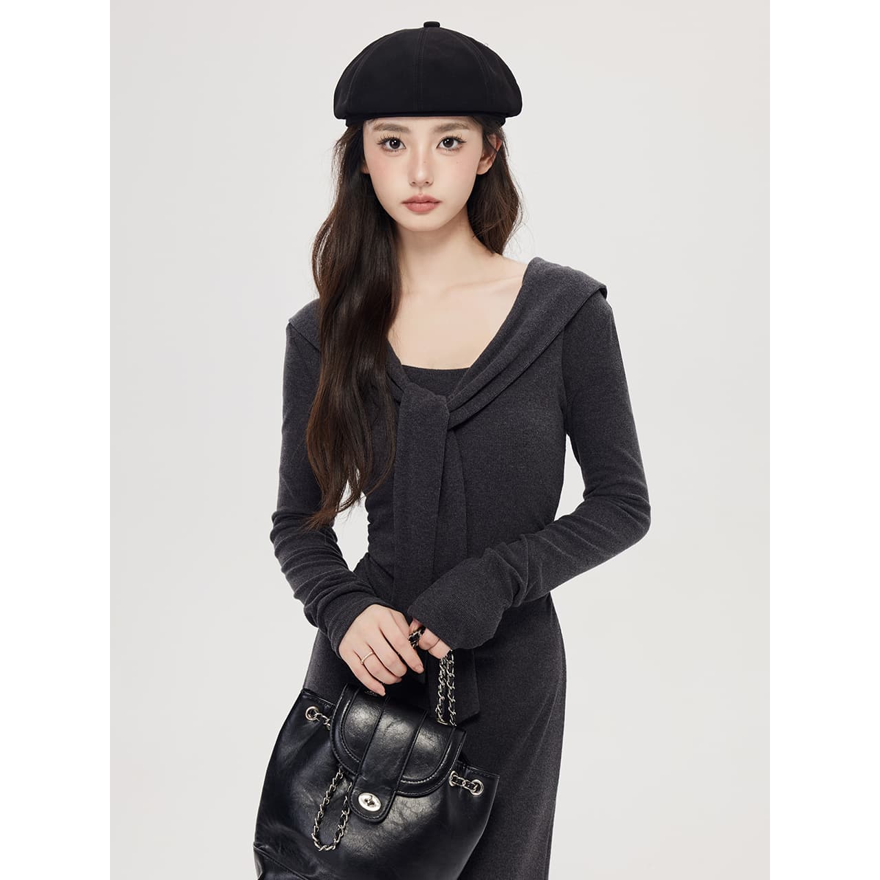 ロングワンピース シンプルドレープニットワンピース