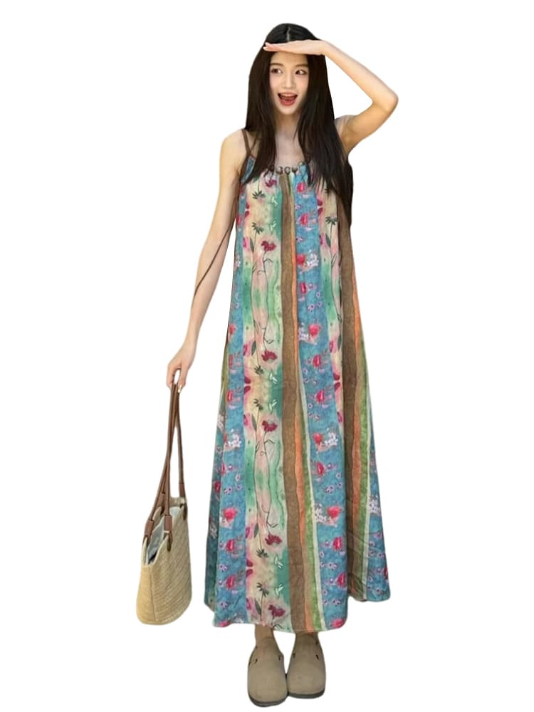 花柄透け感シフォンキャミロングワンピース