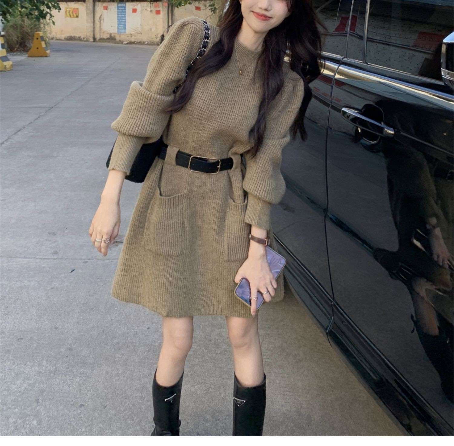 ロングワンピース ふんわり袖のベルト付きニットワンピース