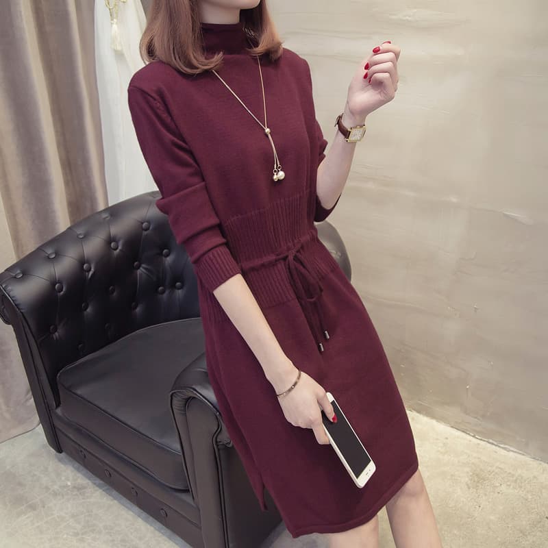 ワンピース タートルネック ウエストリボン タートルネック ニットワンピース