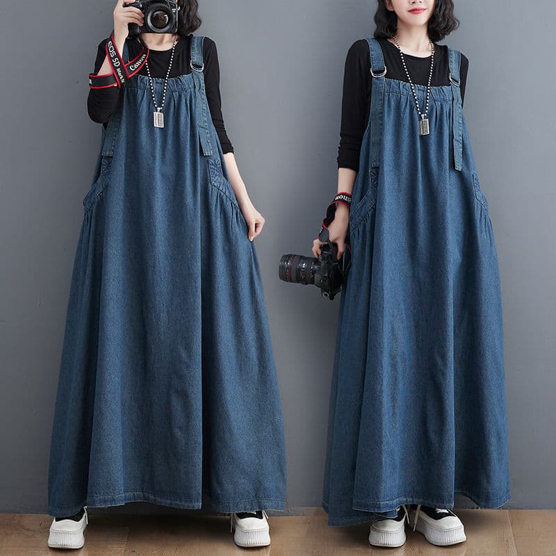 ロングワンピース ゆったりデニムサロペットワンピース