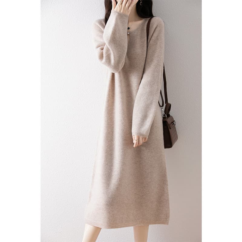 ロングワンピース シンプルリブ編み縦長ワンピース