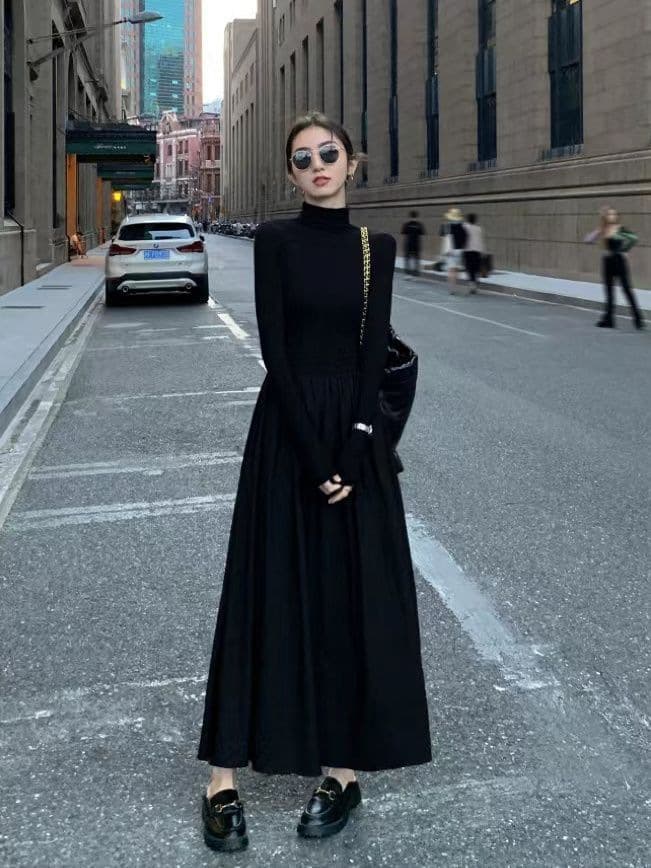 ロングワンピース タートルネックニットロング