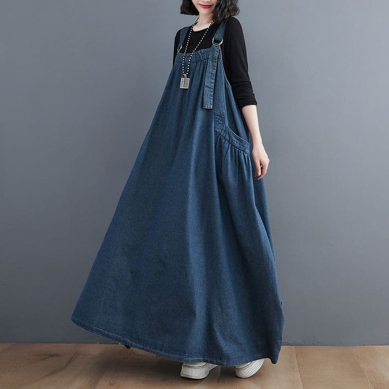 ロングワンピース ゆったりデニムサロペットワンピース