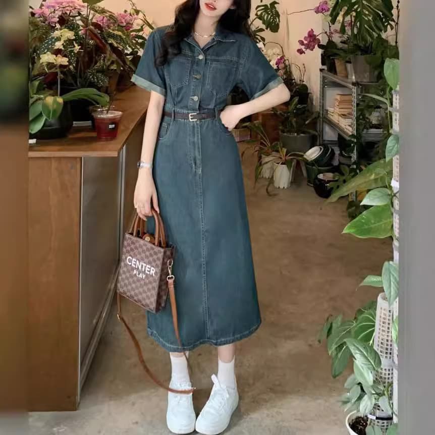 ロングワンピース 優美シルエット デニムワンピース