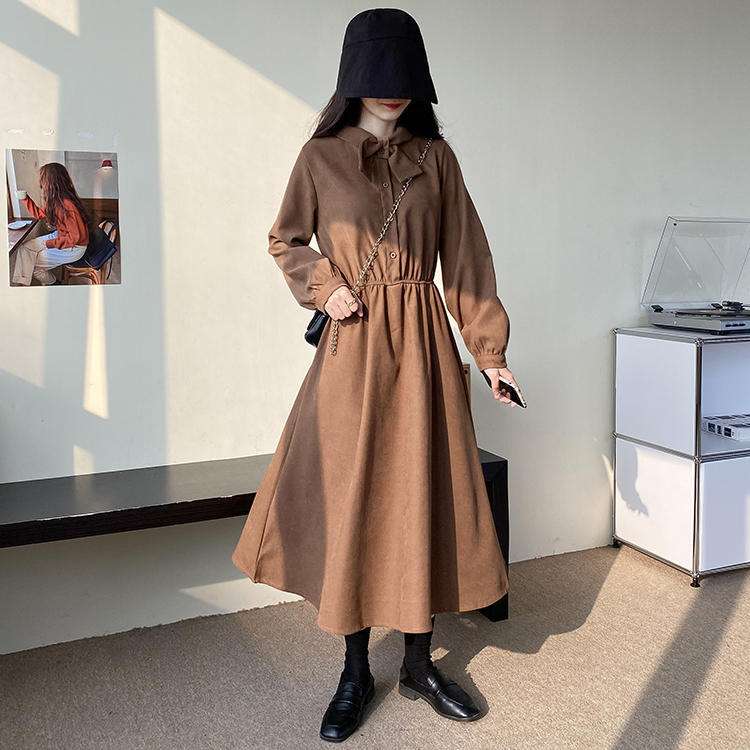 ロングワンピース シンプル襟付きギャザーワンピース