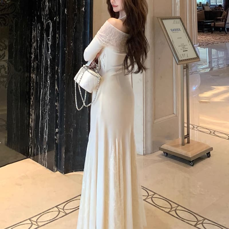 ロングワンピース オフショルレースマーメイドロングワンピース