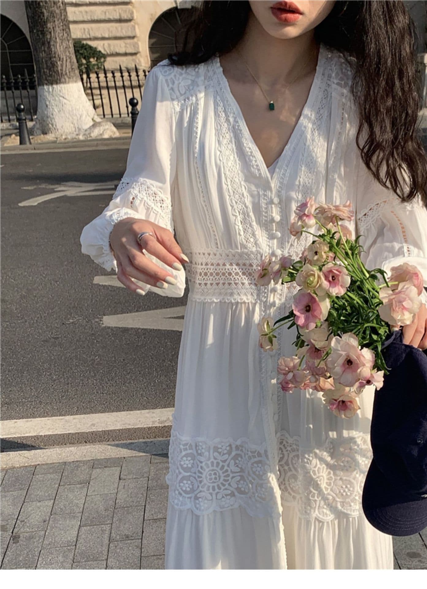 ロングワンピース 優美なレース切替フェミニンマキシワンピース