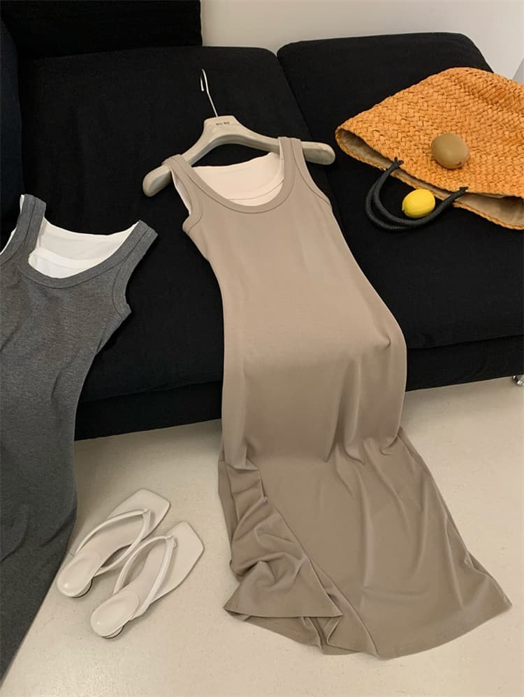 ロングワンピース ノースリーブニット袖なしワンピース 体型カバーロング丈大人カジュアル