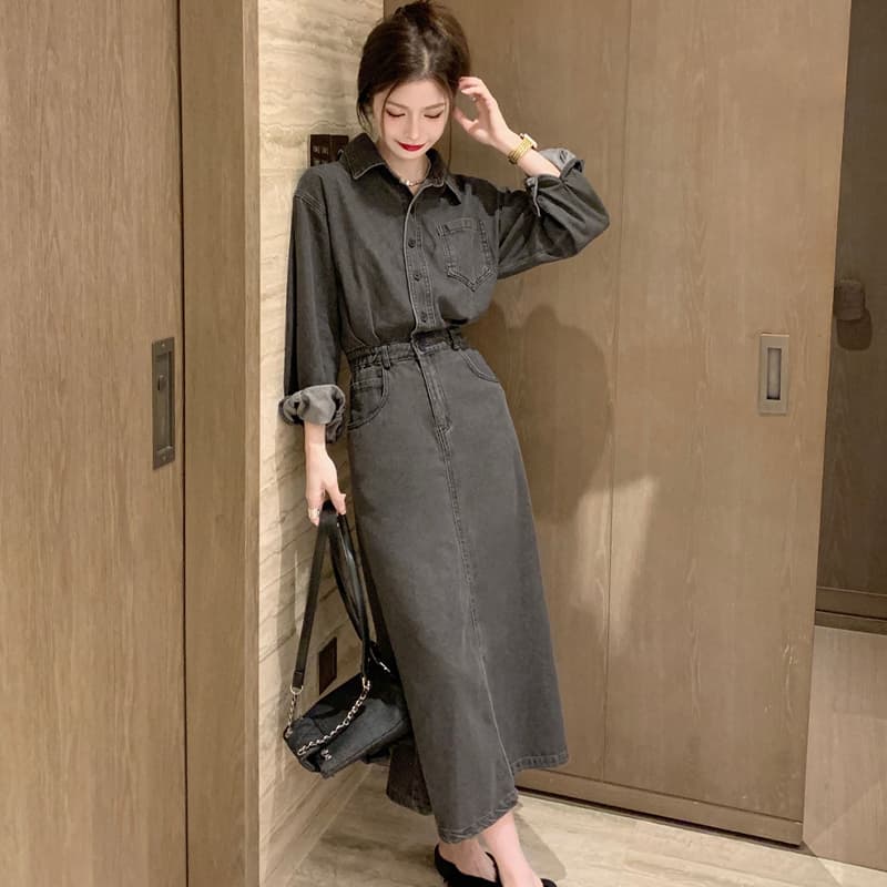 ロングワンピース ポロシャツ ウエストマーク付きデニム調シャツワンピース
