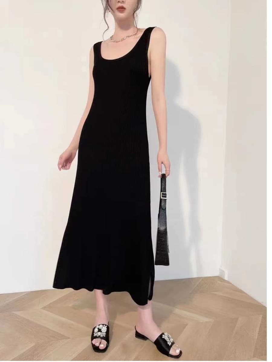 ロングワンピース ニット シンプル上品リブ編みノースリーブワンピース