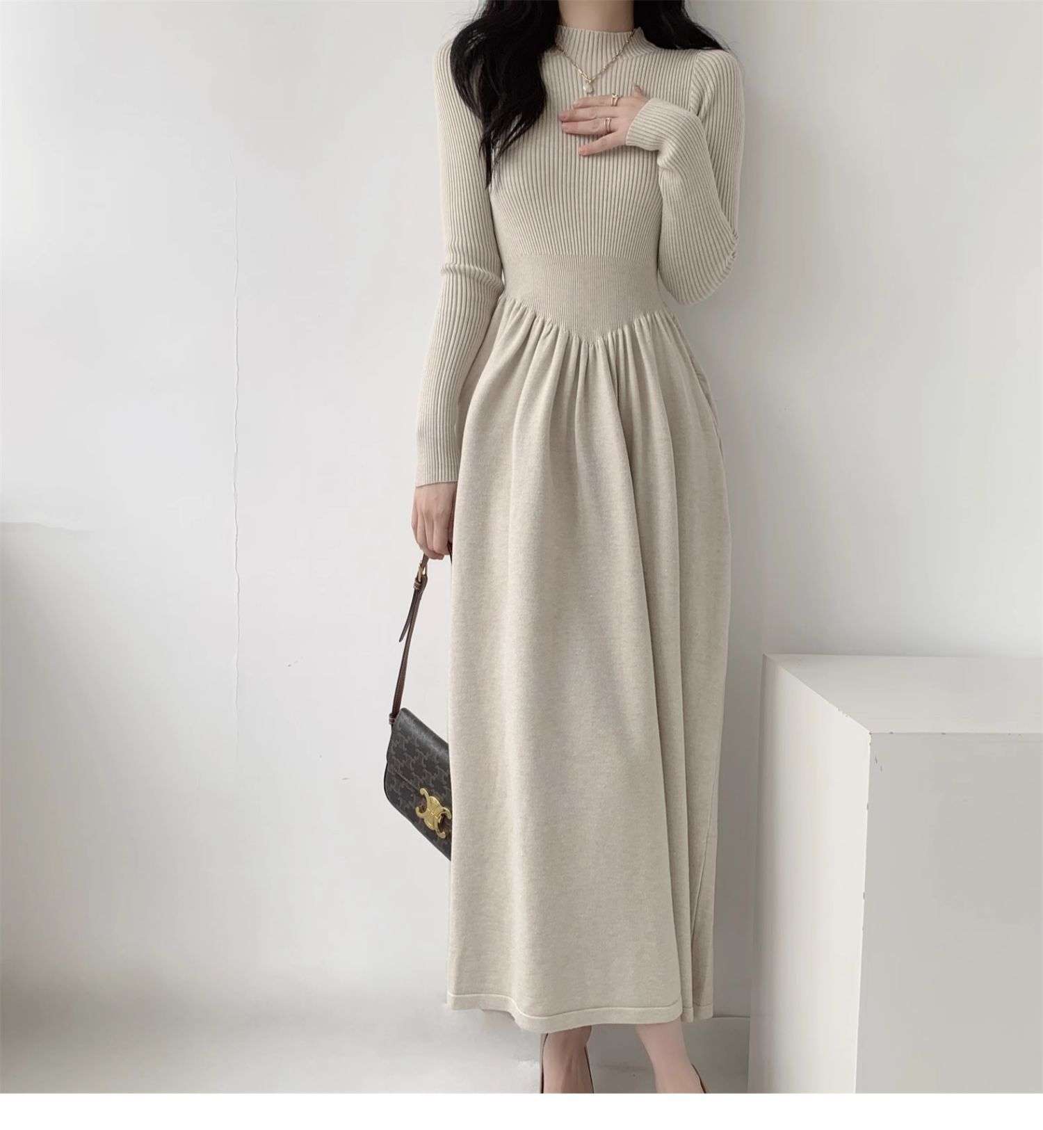 ロングワンピース シンプル上品リブニットロングワンピース