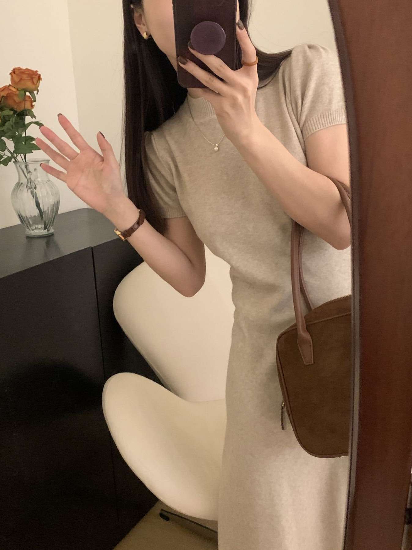 ロングワンピース ふんわり袖のリブニットワンピース