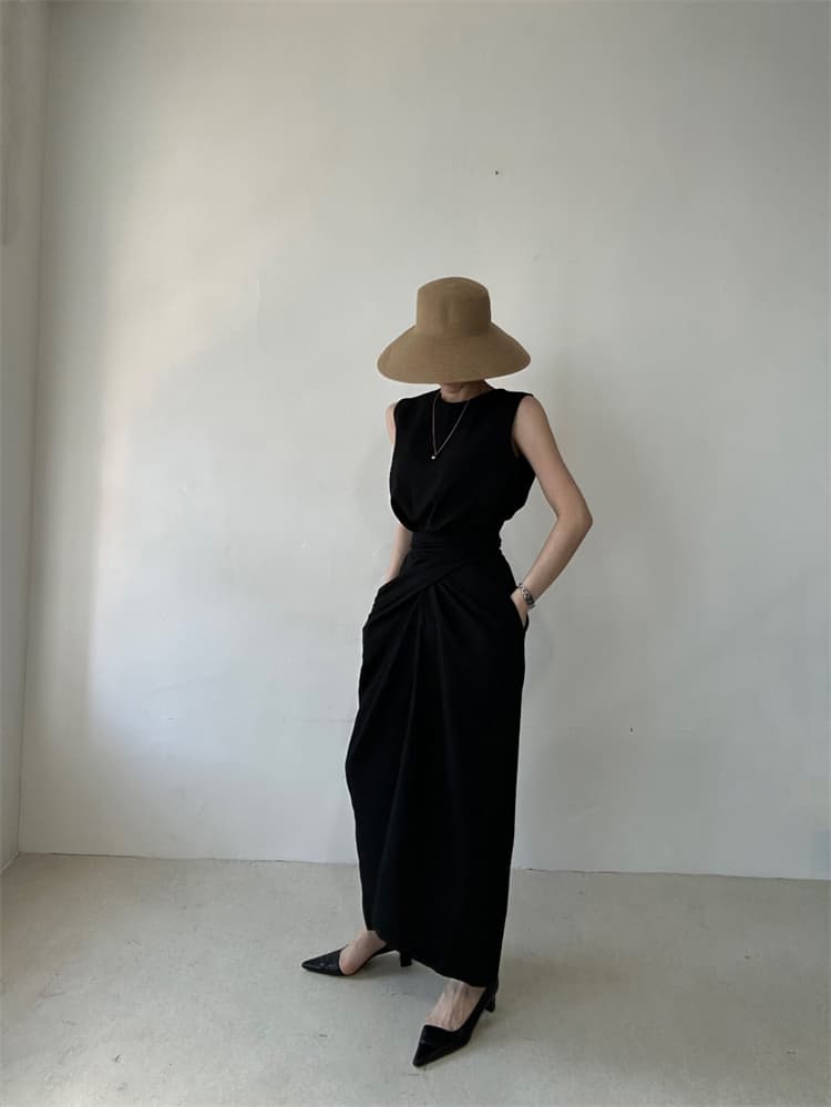 ロングワンピース 結び目デザイン ノースリーブ ロング丈 ワンピース