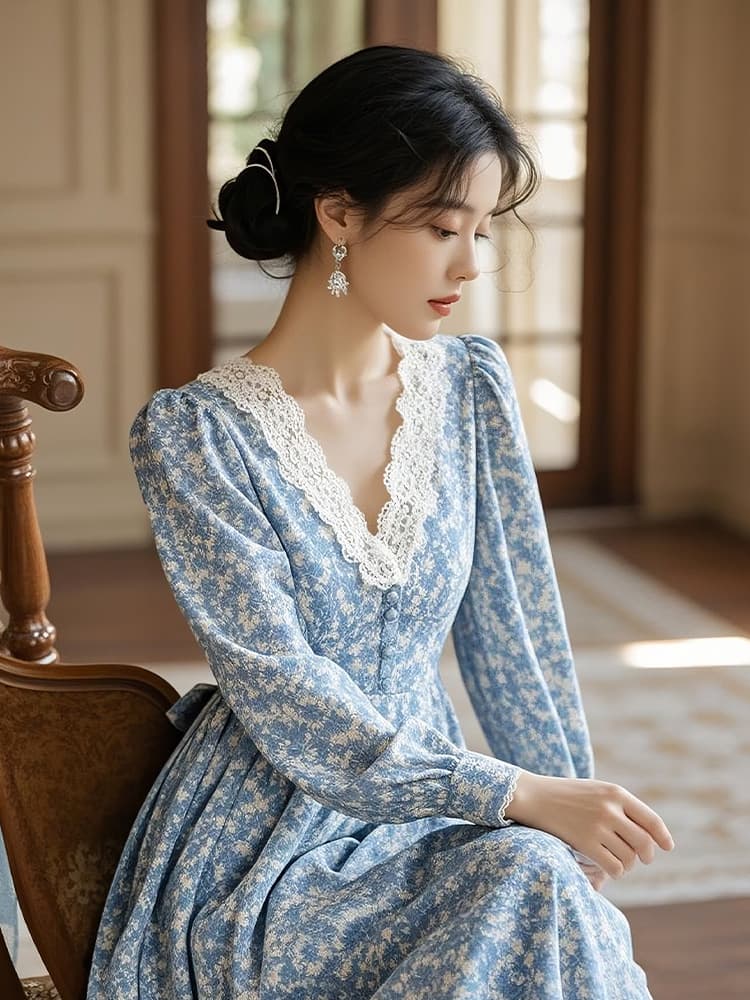 ロングワンピース レース 優美なレース襟花柄ロングワンピース