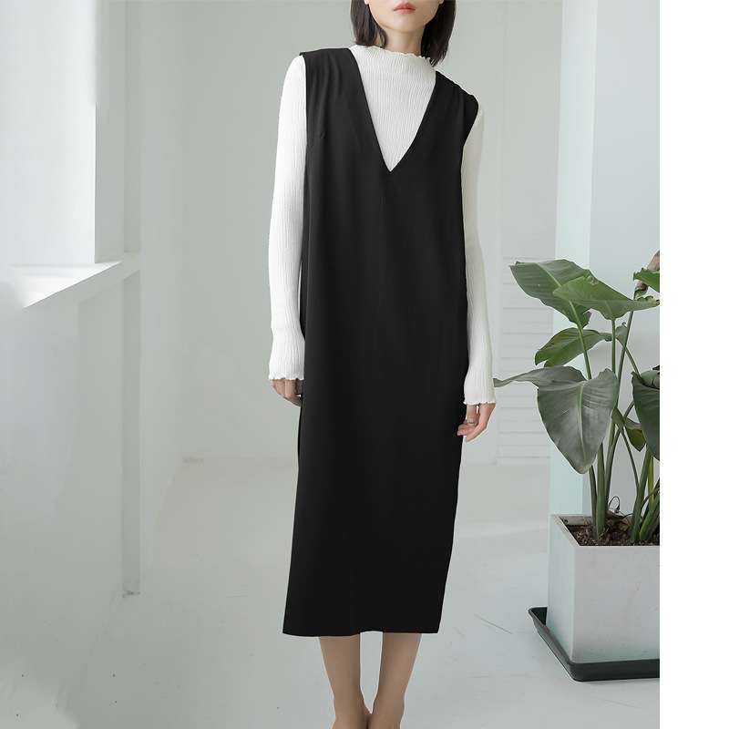 ロングワンピース シンプル深Ｖネック レイヤードワンピース