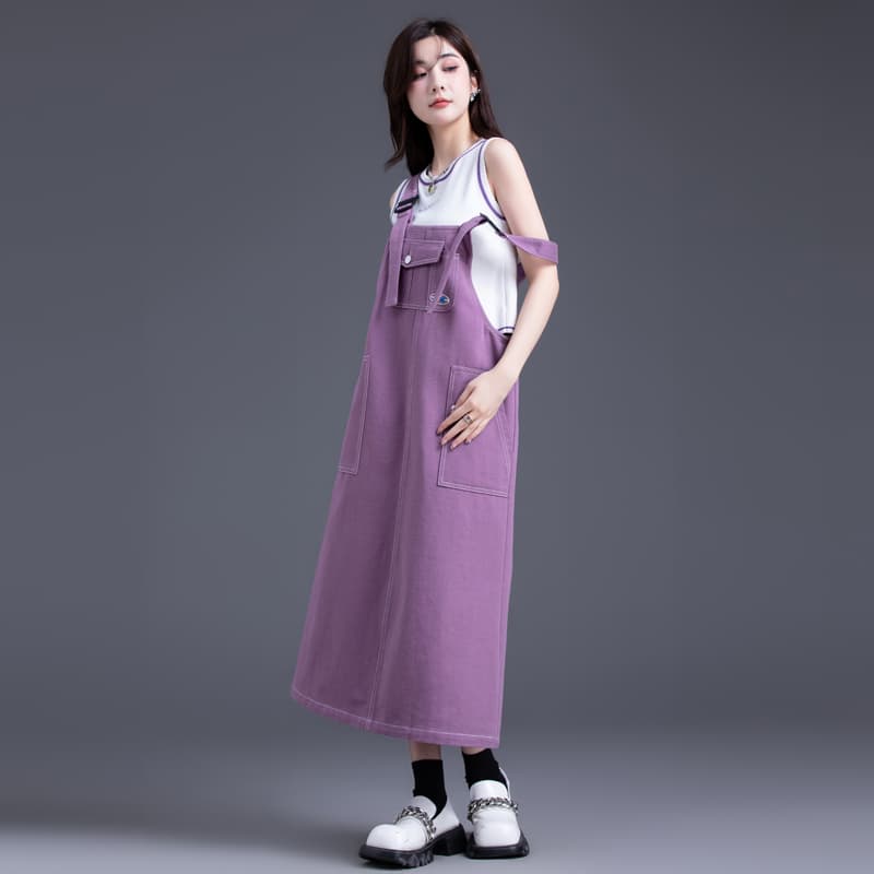 ロングワンピース デニム ゆったりシルエットサロペットワンピース