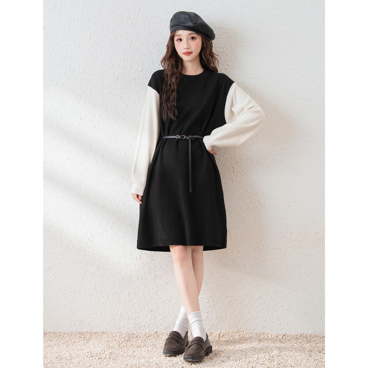 ロングワンピース ニット 配色切替ニットワンピース